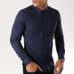 Nouveau 😀 Chemise Manches Longues Slim Fit 293 Bleu Marine de LBO ❤️