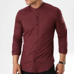 Remise 🤩 Chemise Manches Longues Col Mao Slim Fit 402 Bordeaux de LBO 🛒