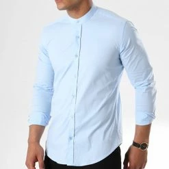 Meilleure affaire 🛒 Chemise Manches Longues Col Mao Slim Fit 405 Bleu Clair de LBO 🔥 -France LBO Soldes Boutique lbo 136704 fab shalbo 405 20180903T143458 01