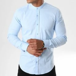 Meilleure affaire 🛒 Chemise Manches Longues Col Mao Slim Fit 405 Bleu Clair de LBO 🔥