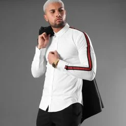 Meilleur prix 👏 Chemise Manches Longues Avec Bandes Slim Fit 461 Blanc de LBO ✔️ -France LBO Soldes Boutique lbo 141841 FAB SHALBO 461 TPDT 20201216T094223 05