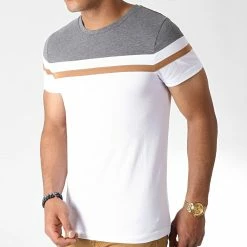 Vente flash 👏 Tee 👚 Shirt Slim Fit Tricolore 727 Anthracite Blanc Camel de LBO 👍