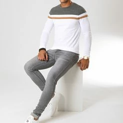 Bon marché ⌛ Tee 👕 Shirt Manches Longues Tricolore 844 Anthracite Blanc Camel de LBO 😍 -France LBO Soldes Boutique lbo 191695 FAB SHALBO 844 20190902T134711 02