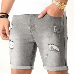 Acheter 😉 Short Jean Avec Dechirures LB054-B52 Gris de LBO 😉