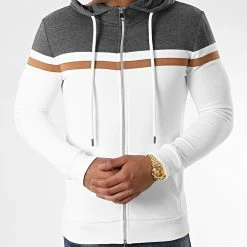 Tout neuf 👍 Sweat Zippé Capuche Tricolore 1138 Blanc Anthracite Camel de LBO 🧨 -France LBO Soldes Boutique lbo 219561 FAB SHALBO 1138 20210407T151453 03