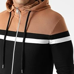 Remise ❤️ Sweat Capuche Zippé Tricolore 1312 Noir Camel Blanc de LBO 🤩 -France LBO Soldes Boutique lbo 226262 FAB SHALBO 1312 20201006T140227 02