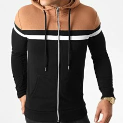 Remise ❤️ Sweat Capuche Zippé Tricolore 1312 Noir Camel Blanc de LBO 🤩 -France LBO Soldes Boutique lbo 226262 FAB SHALBO 1312 20201006T140229 03