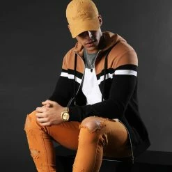 Remise ❤️ Sweat Capuche Zippé Tricolore 1312 Noir Camel Blanc de LBO 🤩 -France LBO Soldes Boutique lbo 226262 FAB SHALBO 1312 20201203T152252 03