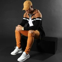 Remise ❤️ Sweat Capuche Zippé Tricolore 1312 Noir Camel Blanc de LBO 🤩 -France LBO Soldes Boutique lbo 226262 FAB SHALBO 1312 20201203T152258 04