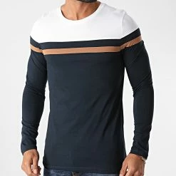 Vente flash ✨ Tee 👕 Shirt Manches Longues Tricolore 1359 Bleu Marine Camel Blanc de LBO 🤩