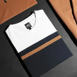 Vente flash ✨ Tee 👕 Shirt Manches Longues Tricolore 1359 Bleu Marine Camel Blanc de LBO 🤩 -France LBO Soldes Boutique lbo 235846 FAB SHALBO 1359 20201110T134903 04