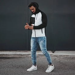 Promo 🔔 Veste Zippée Capuche Bimatière 0004 Blanc Noir de LBO 🌟 -France LBO Soldes Boutique lbo 236465 FAB 1070574 0004 20210201T152738 06