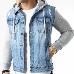 Remise 😍 Veste Jean A Capuche 1459 Bleu Denim Gris de LBO 🔔