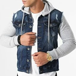 Meilleur prix ⌛ Veste Jean A Capuche 1522 Bleu Denim Gris Chiné de LBO 🔔 -France LBO Soldes Boutique lbo 256852 FAB SHALBO 1522 20210917T122416 03