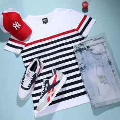 De gros 🥰 Tee 👕 Shirt A Rayures 1702 Blanc Bleu Marine Rouge de LBO ✨ -France LBO Soldes Boutique lbo 263557 FAB SHALBO 1702 20210706T073535 03