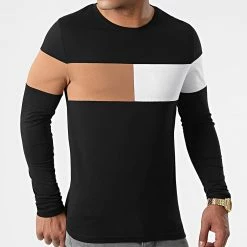 Promo 😍 Tee 👚 Shirt Manches Longues Empiècement Bicolore 1803 Noir Camel de LBO ✨