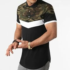 Le moins cher 🛒 Polo Manches Courtes Tricolore 1762 Noir Blanc Vert Kaki Camouflage de LBO 🔔