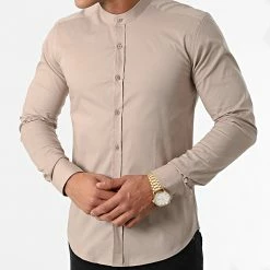 Le moins cher 😉 Chemise Manches Longues Col Mao Slim Fit 1996 Beige de LBO 😍