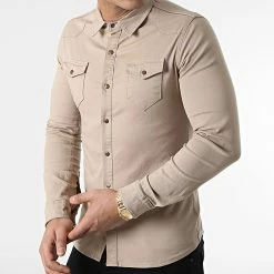 Meilleure vente 🎁 Chemise Jean Manches Longues Slim Fit 2086 Beige de LBO 😀 -France LBO Soldes Boutique lbo 285224 FAB SHALBO 2086 20220225T153348 03