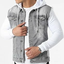 De gros 🎁 Veste Jean A Capuche 2261 Gris Denim Blanc de LBO 👍