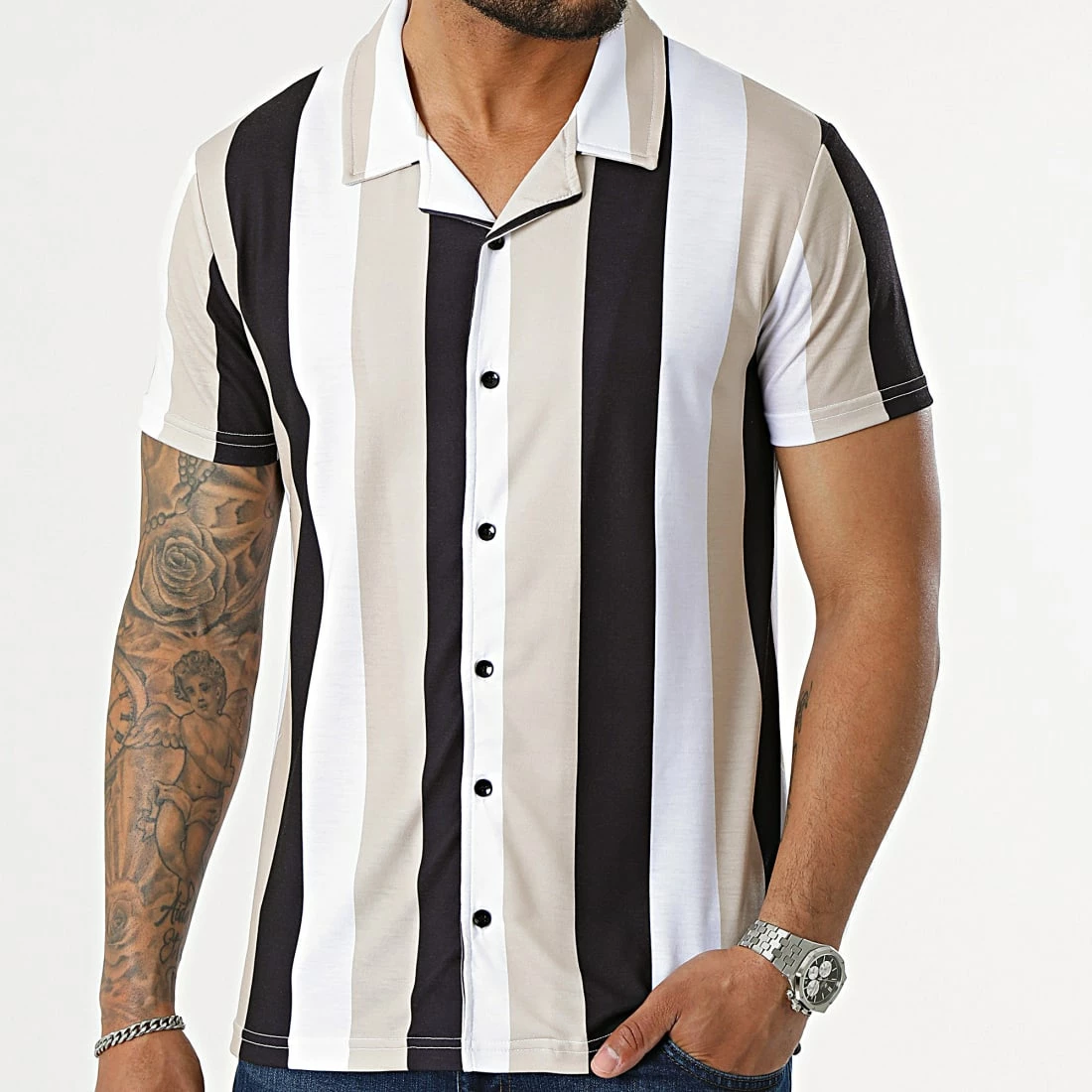 Acheter 🔔 Chemise Manches Courtes A Rayures 2371 Noir Blanc Beige de LBO 👏 3 Acheter 🔔 Chemise Manches Courtes A Rayures 2371 Noir Blanc Beige de LBO 👏