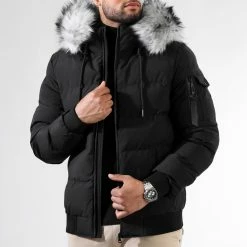 Le moins cher 😍 Doudoune Capuche Poche Bomber Avec Fourrure Grise 0052 Noir de LBO 💯