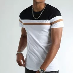 Remise ⭐ Tee 👕 Shirt Tricolore Noir Camel 2383 Blanc de LBO 👍