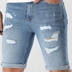 Meilleure affaire 😍 Short Jean Skinny Fit Avec Dechirures 2251 Bleu Clair Denim de LBO ❤️