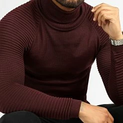 Vente flash 😀 Pull Col Roulé Avec Empiecement 0197 Bordeaux de LBO 🎉