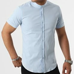 Bon marché 🤩 Chemise Manches Courtes Col Mao Slim Fit 2189 Bleu Clair de LBO 💯 -France LBO Soldes Boutique lbo 313961 FAB SHALBO 2189 20220602T115702 03