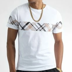 Le moins cher ⭐ Tee 👚 Shirt Bicolore Imprimé Carreaux 2367 Blanc de LBO 🥰