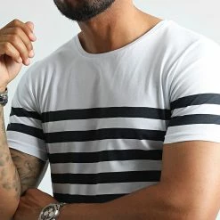 Meilleur prix 🎁 Tee 👚 Shirt A Rayures 2329 Bleu Marine Blanc de LBO ❤️ -France LBO Soldes Boutique lbo 315838 FAB SHALBO 2329 20220711T152405 02