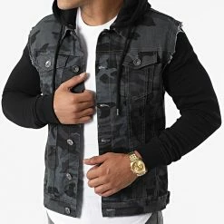 Remise 🧨 Veste Jean A Capuche 2467 Camouflage Noir Gris Anthracite de LBO 💯