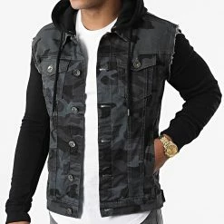 Remise 🧨 Veste Jean A Capuche 2467 Camouflage Noir Gris Anthracite de LBO 💯 -France LBO Soldes Boutique lbo 317667 FAB SHALBO 2467 20220624T140625 03