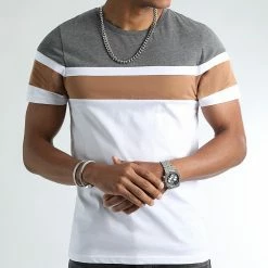 Meilleure vente ⭐ Tee 👕 Shirt Tricolore 2490 Gris Chiné Camel Blanc de LBO 😀