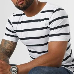 Acheter 👍 Tee 👚 Shirt A Rayures 2435 Blanc Bleu Marine de LBO ✨ -France LBO Soldes Boutique lbo 319501 SHALBO 2435 20220726T154922 03