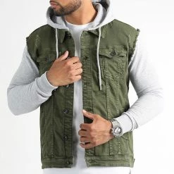 Tout neuf ❤️ Veste Jean A Capuche 2552 Vert Kaki Denim Gris de LBO 🎁