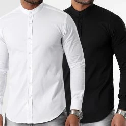 Top 10 🧨 Lot de 2 Chemises Manches Longues Col Officier Slim Fit 2749 Blanc Et Noir de LBO 😉